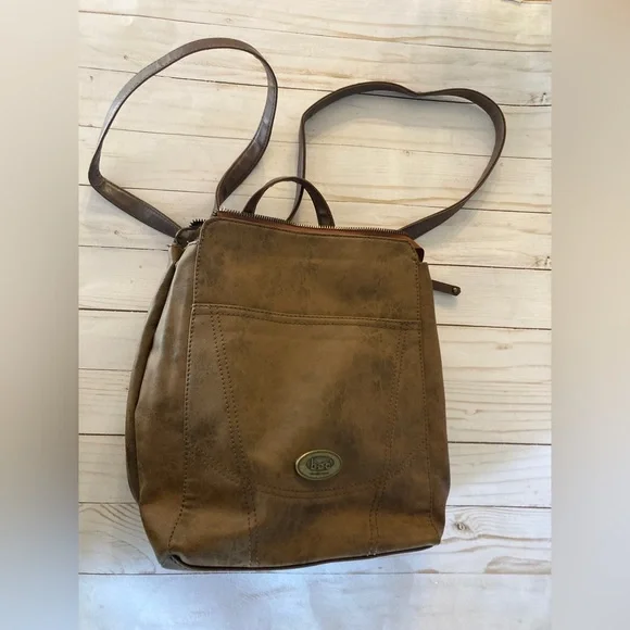 Born Concepts BOC Brown Faux Vegan Leather Woven Backpack Purse Travel 11\